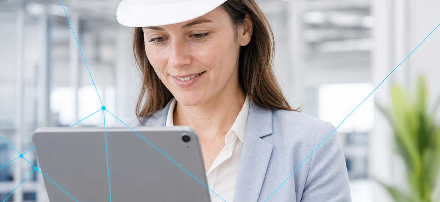 Person mit Schutzhelm nutzt ein Tablet in einer vernetzten Industrieumgebung. – AI-generated image