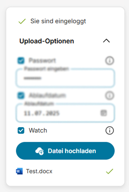 Upload-Ansicht im Business Filemanager Add-In für Outlook 365 mit aktiviertem Passwort, Ablaufdatum und Watch-Option