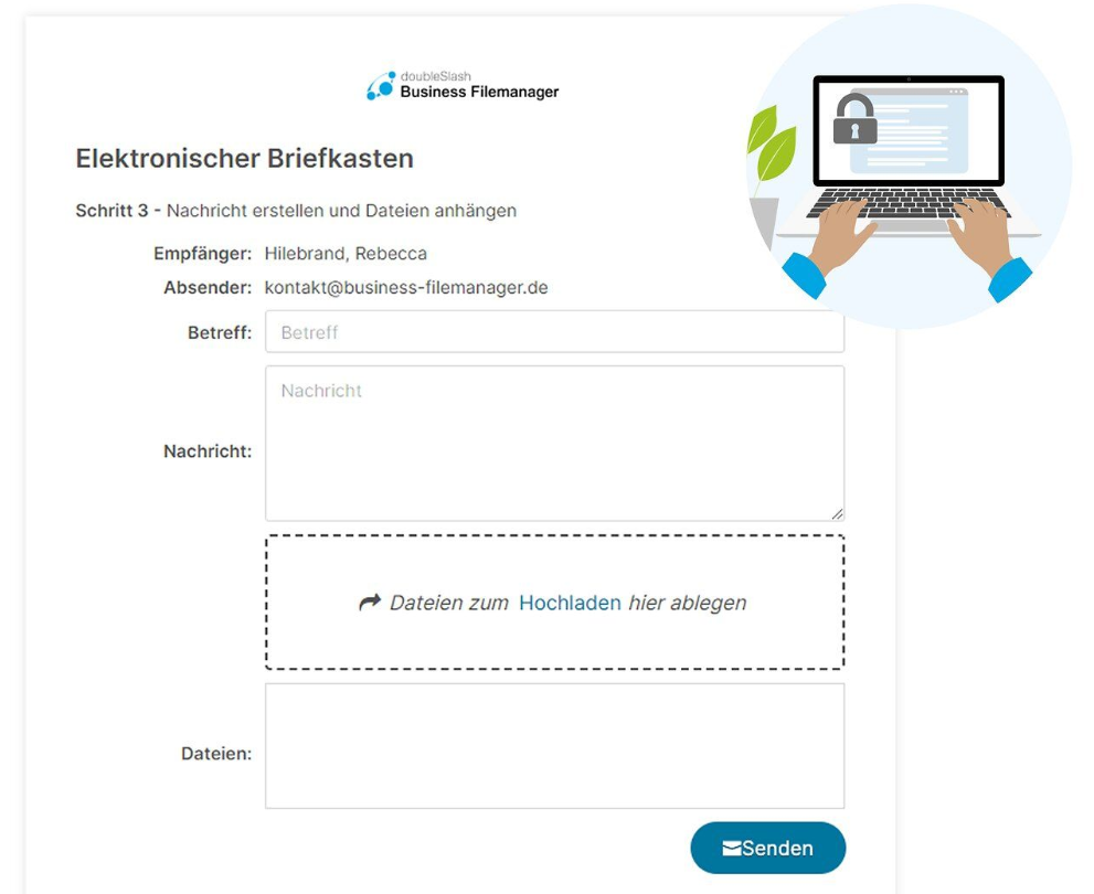 doubleSlash Business Filemanager: Elektronischer Briefkasten Schritt 3 - E-Mail erstellen und Daten anhängen