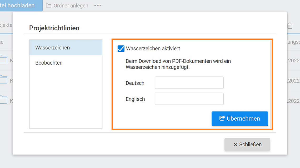 Einstellungen für Projektrichtlinien mit aktiviertem Wasserzeichen für PDF-Downloads