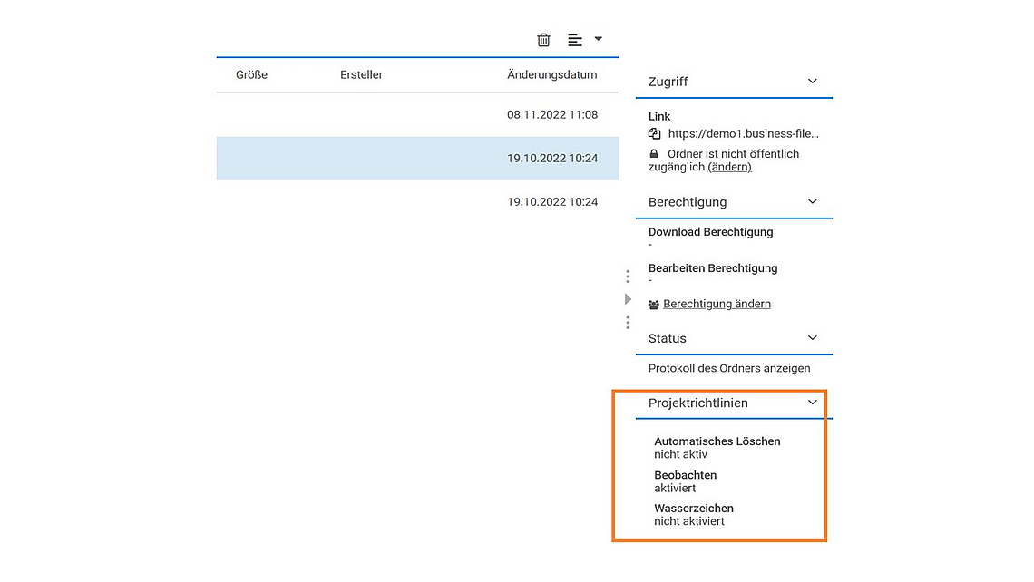 Detailansicht eines Projekts mit Zugriff, Berechtigungen und Projektrichtlinien