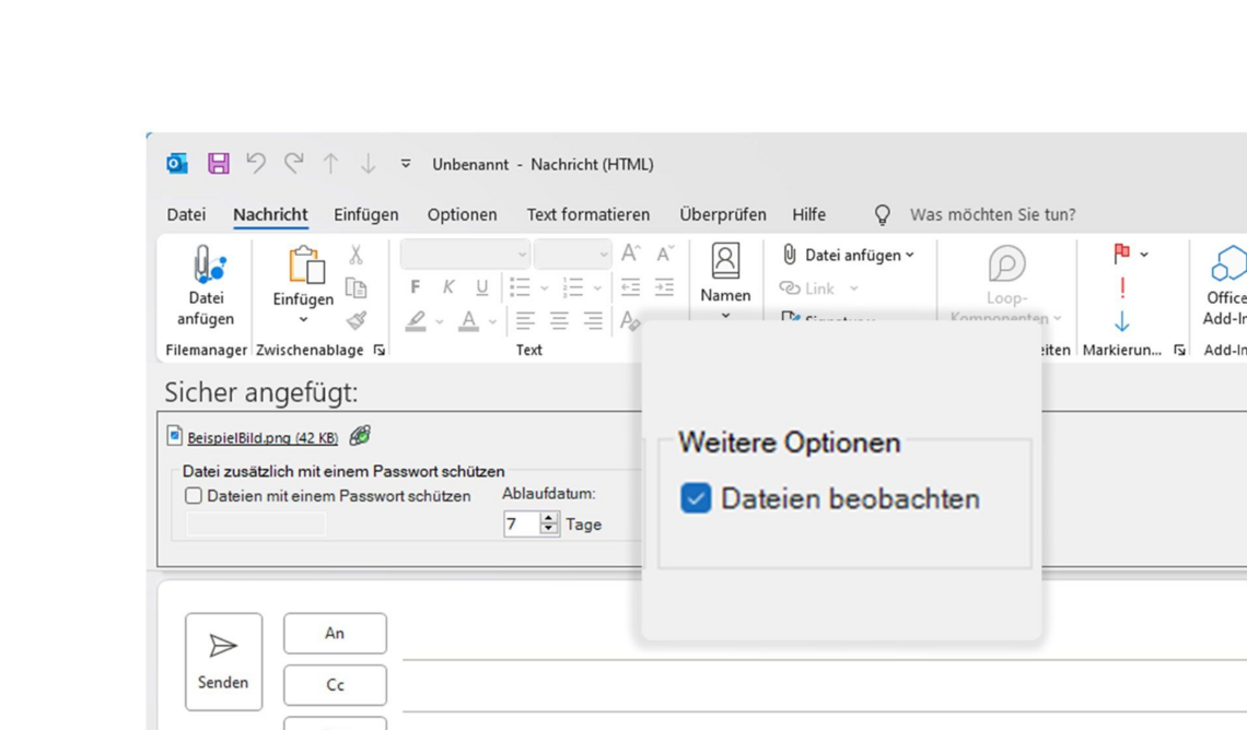Business Filemanager: Mit dem Outlook AddIn Dateien nach dem versenden beobachten und benachrichtigt werden, sobald Datei heruntergeladen