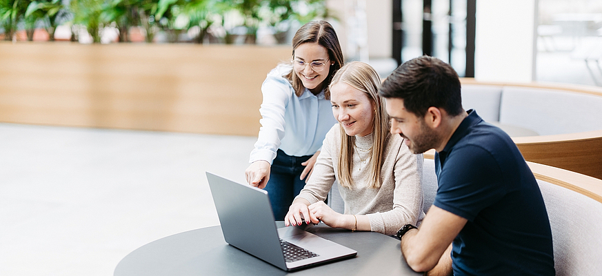Menschen die auf einen Laptop schauen mit der Anwendung Business Filemanager
