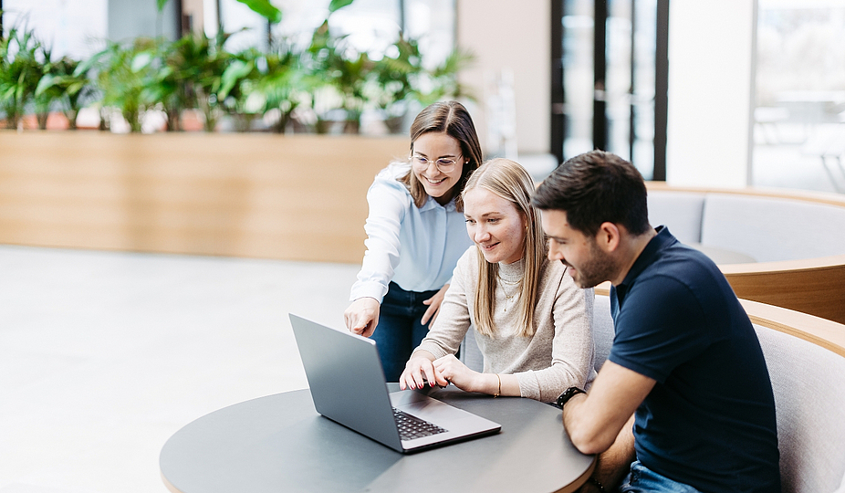 Menschen die auf einen Laptop schauen mit der Anwendung Business Filemanager