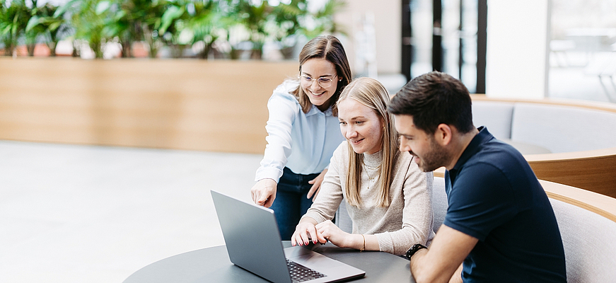 Menschen die auf einen Laptop schauen mit der Anwendung Business Filemanager