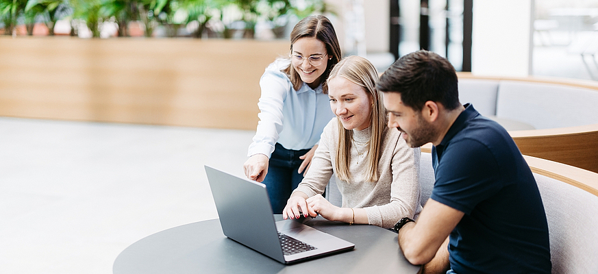 Menschen die auf einen Laptop schauen mit der Anwendung Business Filemanager
