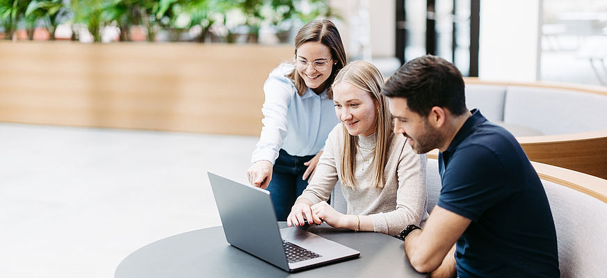 Menschen die auf einen Laptop schauen mit der Anwendung Business Filemanager
