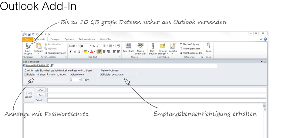 Aus Outlook große Dateien versenden. Mit dem Outlook Add-In des doubleSlash Business Filemanagers einfach Dateien anhängen.