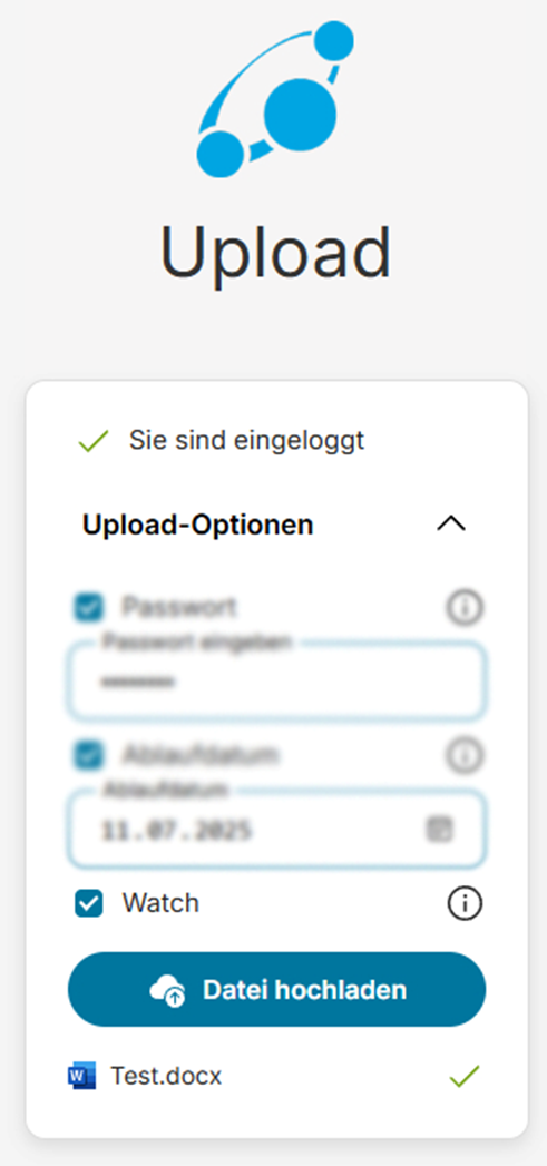 Upload-Ansicht im Business Filemanager Add-In für Outlook 365 mit aktiviertem Passwort, Ablaufdatum und Watch-Option