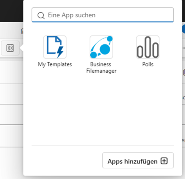 Apps-Übersicht in Outlook 365 mit Business Filemanager und weiteren Add-Ins